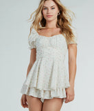 Here To Play Bow Ruffled Ditsy Floral Romper