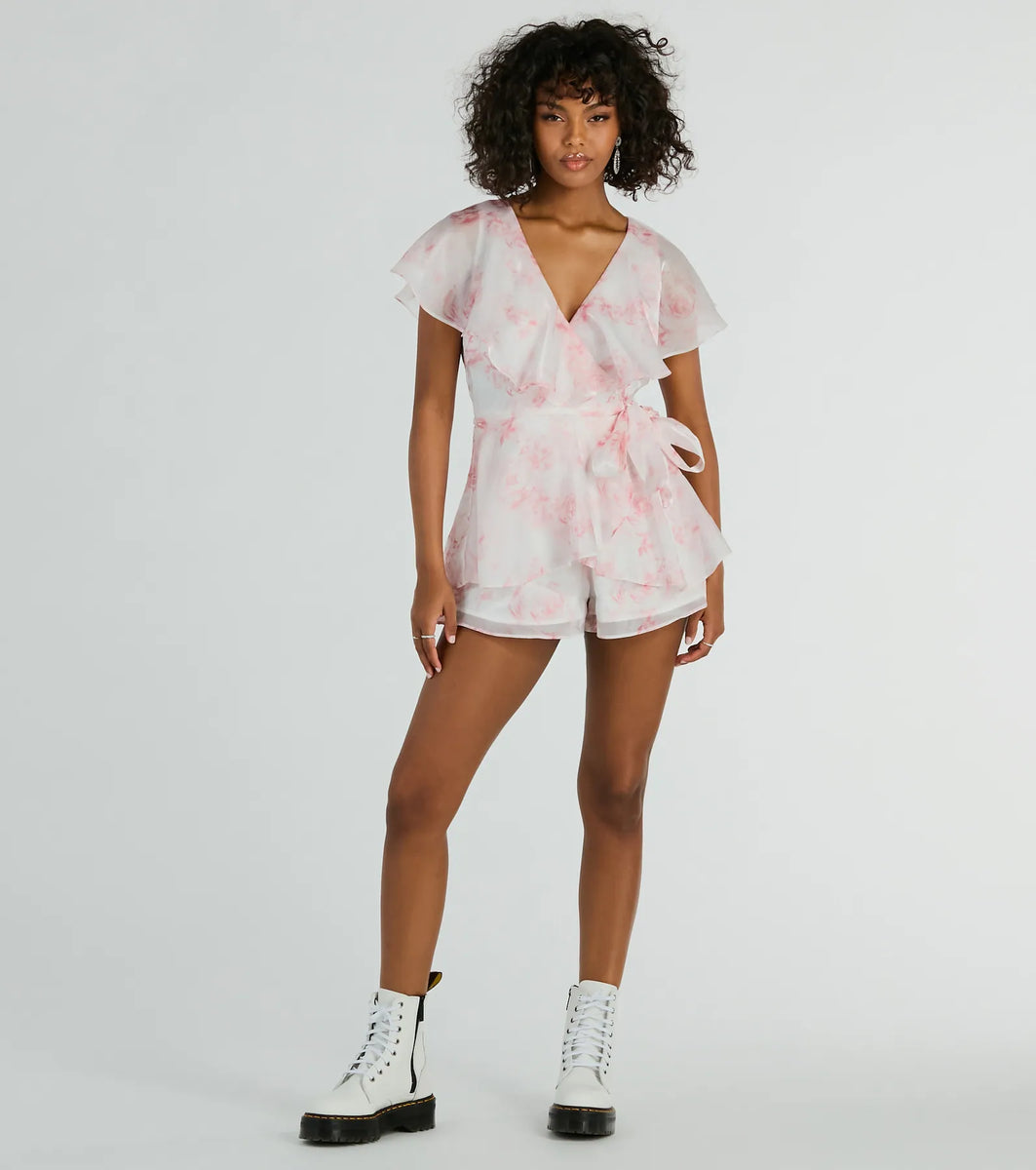 Dreamy Escape Ruffled Rose Floral Organza Romper & Windsor