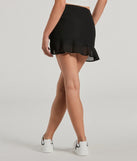 The Exceptional Vibes Mid-Rise Ruffle Chiffon Skort is a trendy women's bottom in black, designed with modern details and alluring textures to complete chic outfits for 2025.