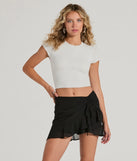 The Exceptional Vibes Mid-Rise Ruffle Chiffon Skort is a trendy women's bottom in black, designed with modern details and alluring textures to complete chic outfits for 2025.