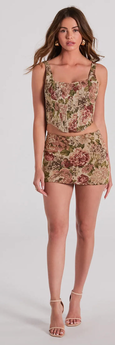 The Subtle Sweetness High Rise Floral Micro Mini Skort offers a discreetly comfy fit with shorts under a stylish skirt overlay featuring the latest accents and details.