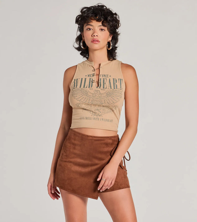 The Wrap It Up High-Rise Faux Suede Mini Skort offers a discreetly comfy fit with shorts under a stylish skirt overlay featuring the latest accents and details.