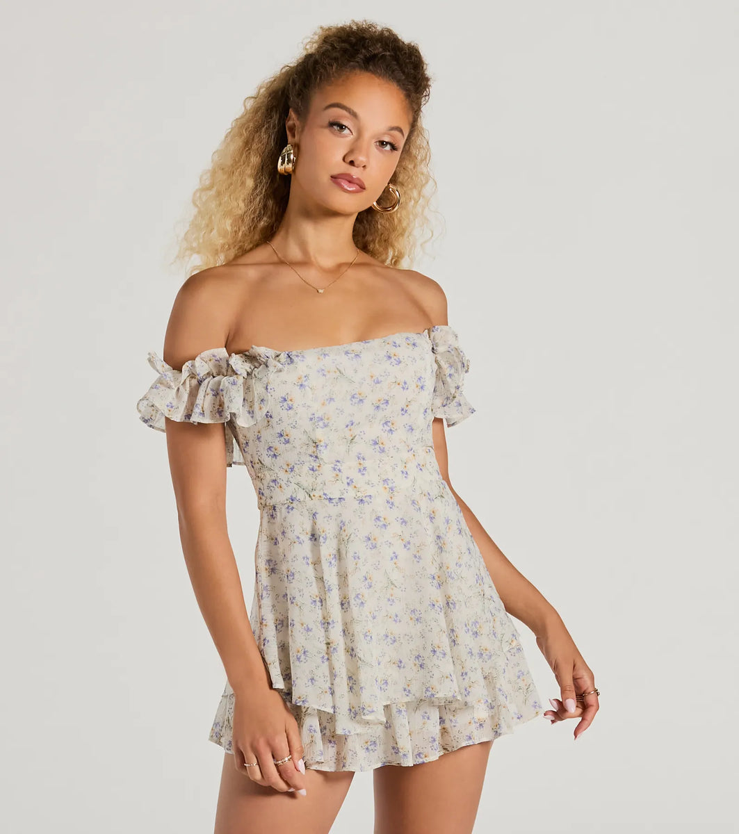 Fun And Flirty Off-The-Shoulder Ruffled Floral Romper & Windsor