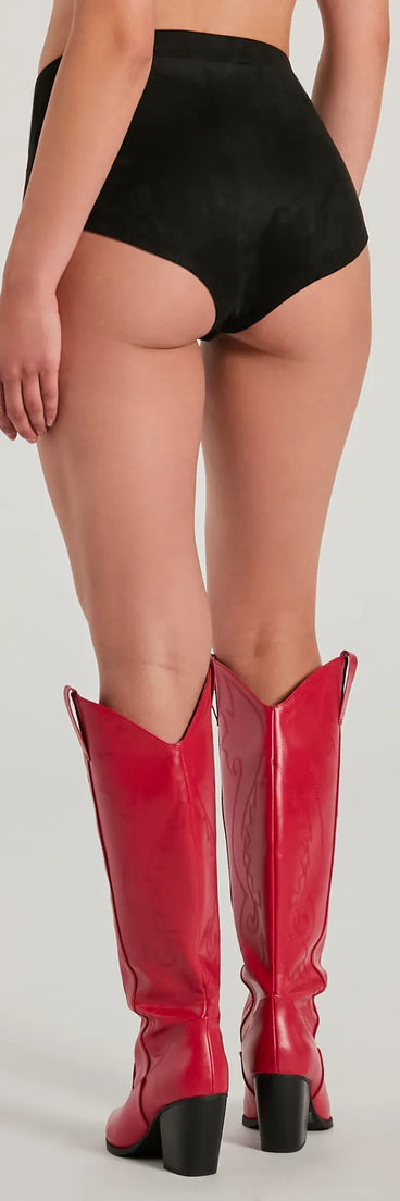 The Hottie On The Fly Lace-Up Faux Suede Micro Shorts is a trendy women's bottom in black, designed with modern details and alluring textures to complete chic outfits for 2025.