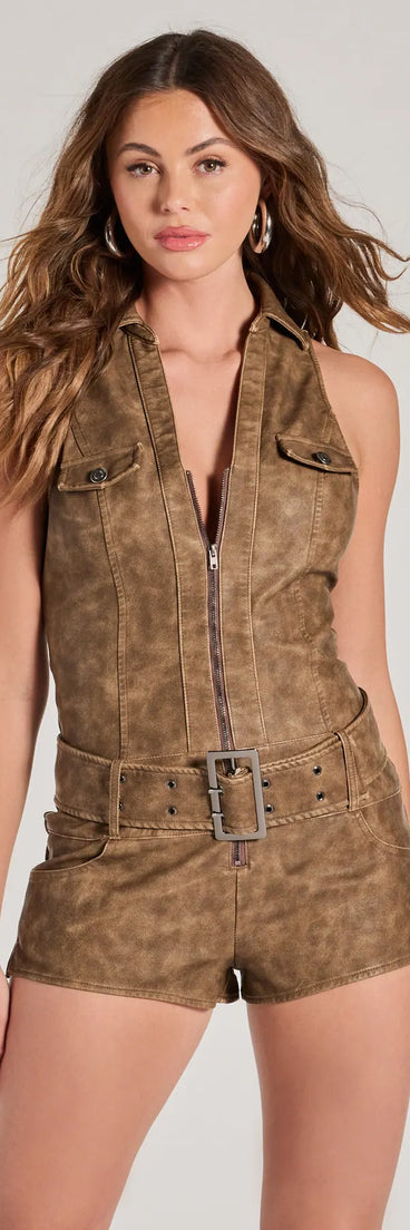 Perfect as a dress alternative for a date-night outfit, wedding guest attire, and cocktail party dress alike, the Chic Adventure Distressed Faux Leather Belted Romper is a women's brown romper that combines a stylish, unique design with festive colors and on-trend details for a standout look!