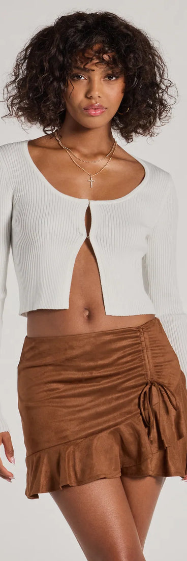 The Charming Aura Faux Suede Ruched Ruffled Skort is a trendy women's bottom in brown, designed with modern details and alluring textures to complete chic outfits for 2025.