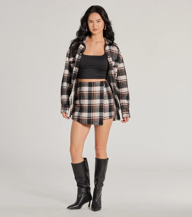 Effortlessly create party outfits or vacation-ready looks with the Classically Chic Plaid High Waist Wrap Skort, one part of a versatile women's black matching set perfect for quick and easy outfit combinations from layering chic outfits to transitioning your look seamlessly.