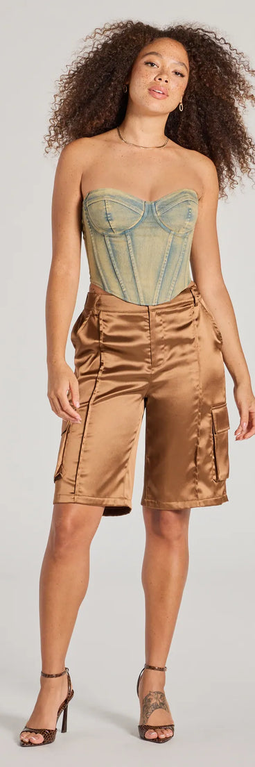 Trendy brown cargo pants like the Trendsetter Vibes Satin Cargo Jorts bring casual utility style to everyday and off-duty looks.