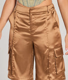 Create bold, fashion-forward looks for spring or summer with the Trendsetter Vibes Satin Cargo Jorts in brown, a must-have piece from Windsor’s collection of stylish bottoms for women.