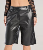 Create bold, fashion-forward looks for summer with the Sleek Edge High-Rise Faux Leather Jorts in black, a must-have piece from Windsor’s collection of stylish bottoms for women.