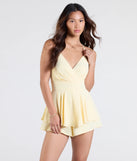 Create bold, fashion-forward looks for spring or summer with the Flirty Lace Back Skater Romper in yellow, a must-have piece from Windsor’s collection of stylish bottoms for women.
