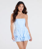 Feel confident and photo-ready in the Eternal Bliss Strapless Ruffled Romper, a light blue graduation dress perfect for 2025 ceremonies and parties.