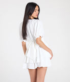 The Stay Sweet Short Sleeve Button Romper in ivory brings sleek style to any graduation outfit, from cap and gown to after-party.
