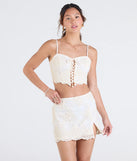 Create bold, fashion-forward looks for spring or summer with the Boho Muse Lace Embroidered Mini Skirt in natural, a must-have piece from Windsor’s collection of stylish bottoms for women.
