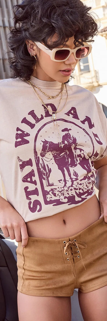 The Sweet Beginnings Lace-Up Faux Suede Hot Shorts in camel brown brings edge and energy to your vibe, ready to elevate any festival look or concert outfit.