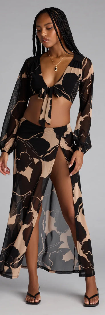 Look instantly put-together in the Resort Calling Mesh Slit Maxi Skirt, part of a matching black clothing set designed for chic, no-fuss fall outfits.