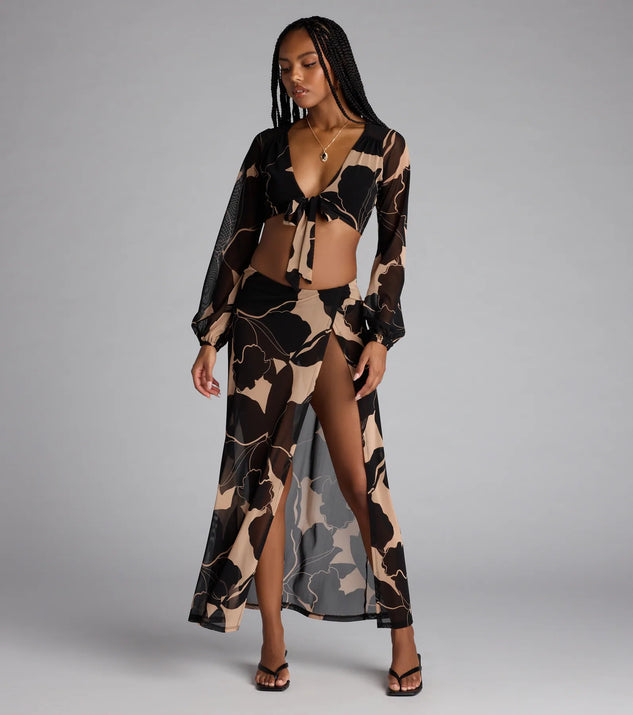 Look instantly put-together in the Resort Calling Mesh Slit Maxi Skirt, part of a matching black clothing set designed for chic, no-fuss fall outfits.