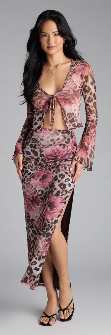 Look instantly put-together in the Fierce And Flirty Leopard Floral Maxi Skirt, part of a matching leopard print clothing set designed for chic, no-fuss fall outfits.