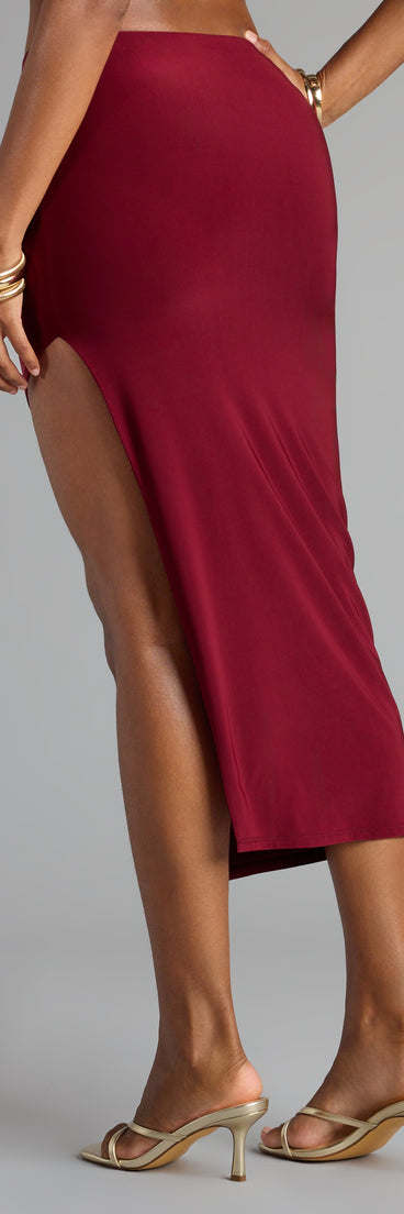 Style up your rotation with the Go With The Vibe Slit Midi Skirt, a trendy skirt made to anchor every outfit with attitude and ease.