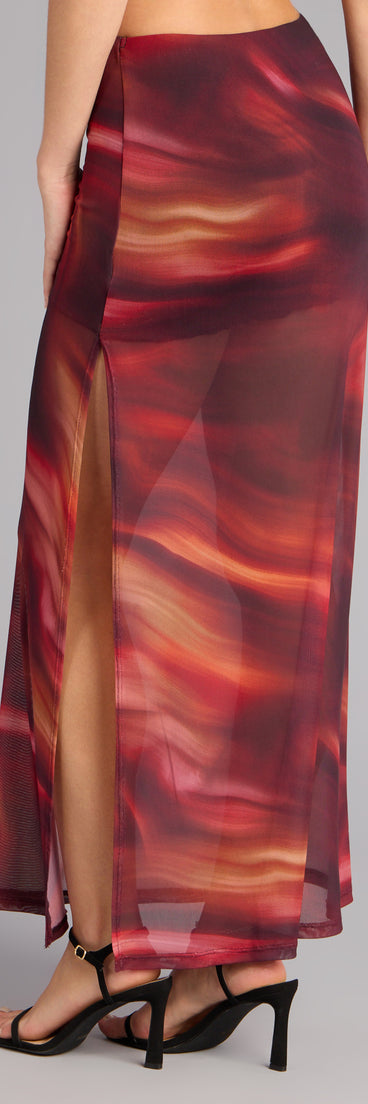 Sunset Glow Abstract Print Mesh Maxi Skirt