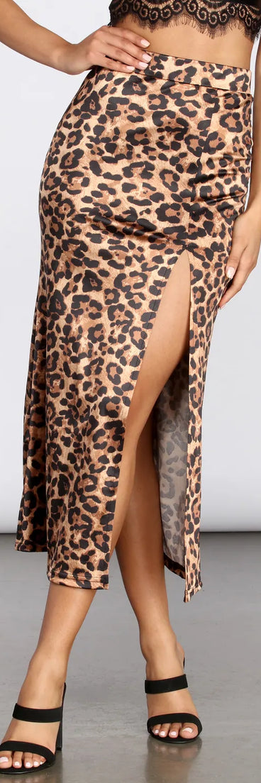 Leopard Print Stretch Satin Midi Skirt