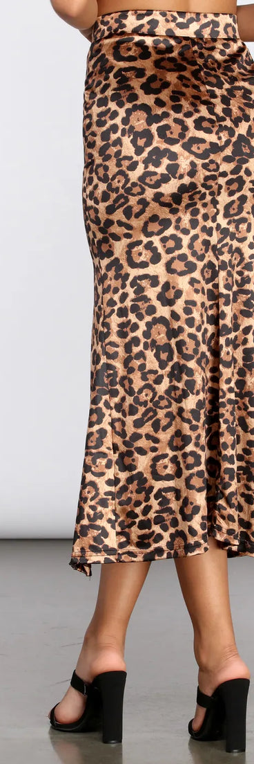 Leopard Print Stretch Satin Midi Skirt