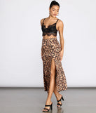 Leopard Print Stretch Satin Midi Skirt