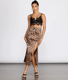 Leopard Print Stretch Satin Midi Skirt