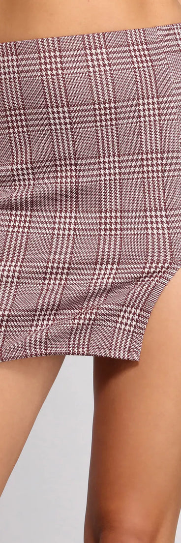 High Rise Houndstooth Plaid Mini Skirt