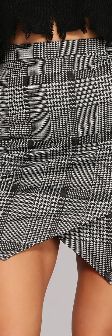 High Waist Houndstooth Wrap Mini Skirt
