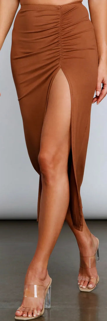 Casually Ruched High Slit Midi Skirt