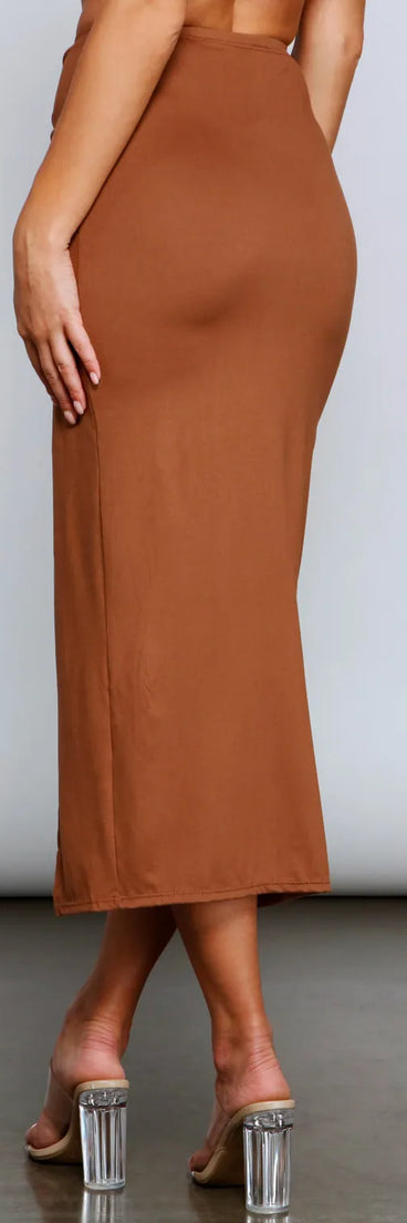 Casually Ruched High Slit Midi Skirt