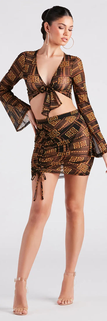 Greek Key On Fleek Mesh Ruche Mini Skirt