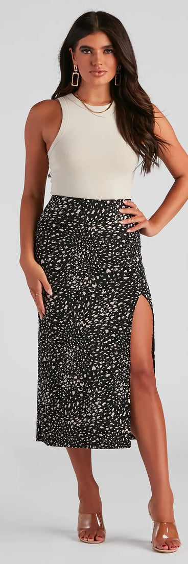 Leopard Instinct Slit Midi Skirt