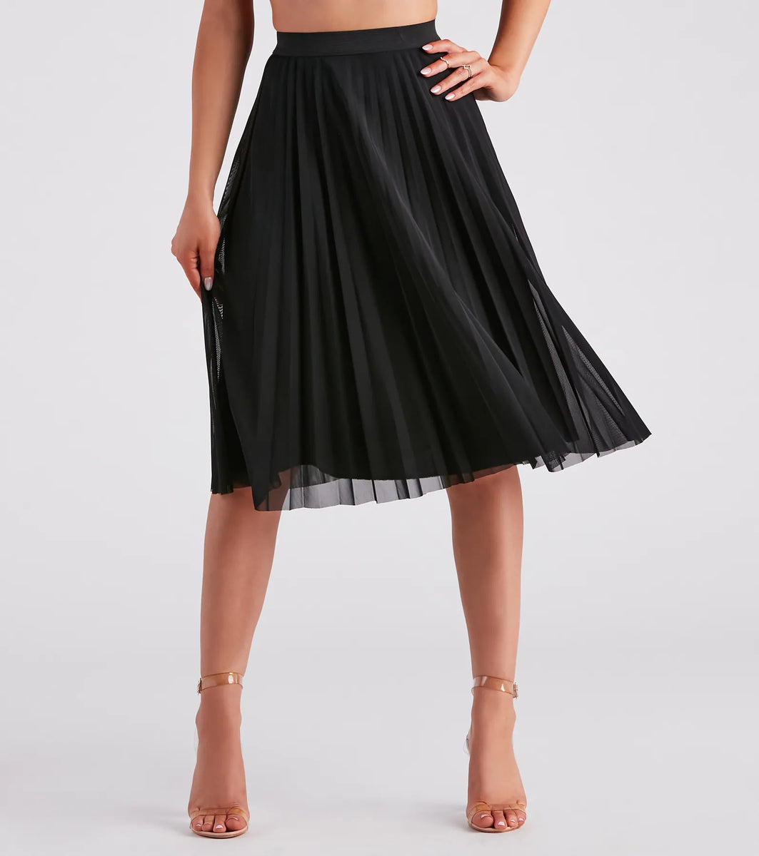 Pleated Mesh Hem Midi Skirt
