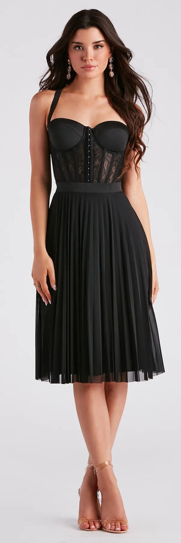 Total Charm Pleated Mesh Midi Skirt