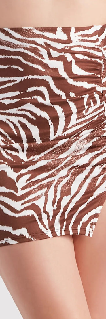 Effortlessly create party outfits or vacation-ready looks with the Wild Style Zebra Print Mini Skirt, one part of a versatile women's brown matching set perfect for quick and easy outfit combinations from layering chic outfits to transitioning your look seamlessly.