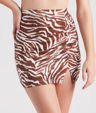 Effortlessly create party outfits or vacation-ready looks with the Wild Style Zebra Print Mini Skirt, one part of a versatile women's brown matching set perfect for quick and easy outfit combinations from layering chic outfits to transitioning your look seamlessly.