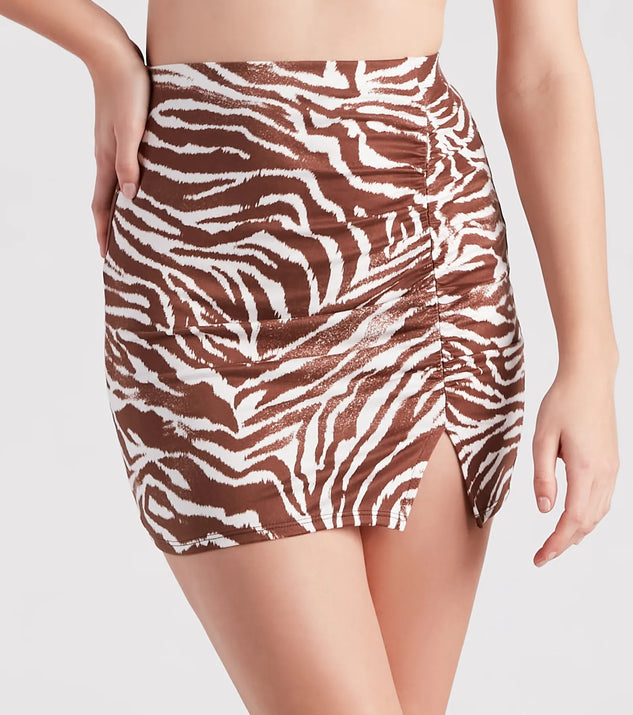Effortlessly create party outfits or vacation-ready looks with the Wild Style Zebra Print Mini Skirt, one part of a versatile women's brown matching set perfect for quick and easy outfit combinations from layering chic outfits to transitioning your look seamlessly.
