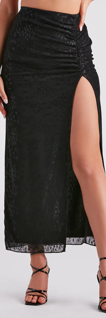 Glamorous Allure Ruched Lace Maxi Skirt