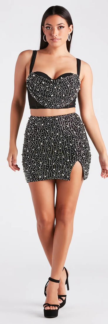 Iconic Glamour Rhinestone And Pearl Mini Skirt