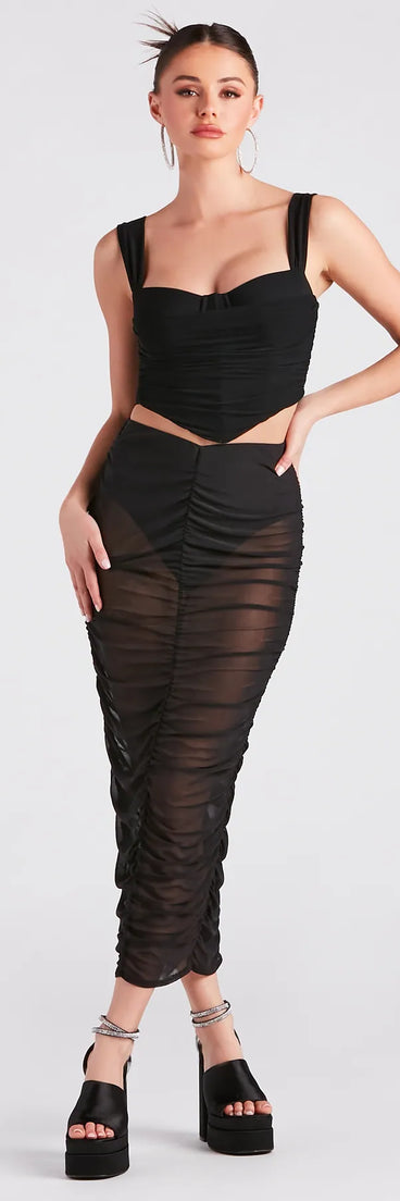 Sheerly Sexy Ruched Midi Skirt