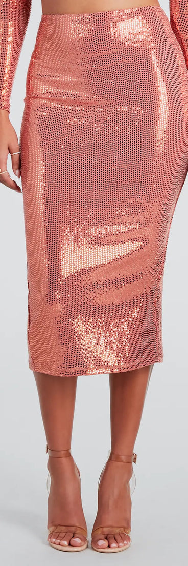 Effortlessly create party outfits or vacation-ready looks with the Enticing Sparkle Sequin Midi Skirt, one part of a versatile women's rose matching set perfect for quick and easy outfit combinations from layering chic outfits to transitioning your look seamlessly.