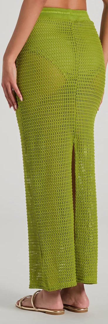 The Sunny Chic High Slit Crochet Maxi Skirt is a trendy women's bottom in green, designed with modern details and alluring textures to complete chic outfits for 2025.