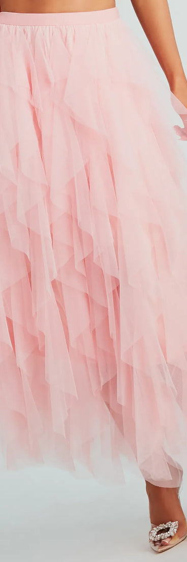 Perfect for creating a fashionable Valentine's Day outfit, the A Little Drama Ruffled Tulle Midi Skirt is a chic pink bottom for women with romantic and modern flair, ideal for date night or Galentine’s celebrations.