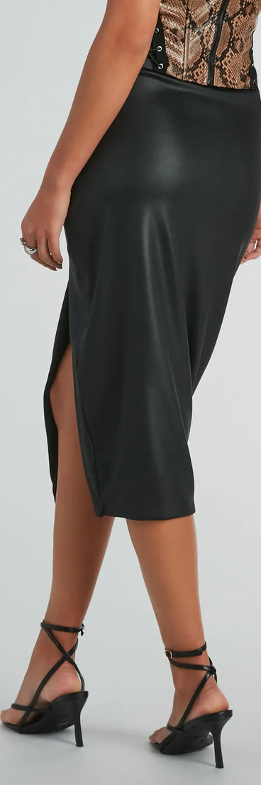The Major Bae High-Rise Faux Leather Midi Skirt is a trendy women's bottom in black, designed with modern details and alluring textures to complete chic outfits for 2025.