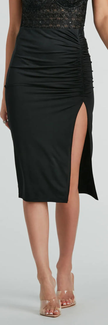 Total Slay Ruched Slit Knit Midi Skirt