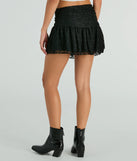Create bold, fashion-forward looks for spring or summer with the Sweet Talking Lace Ruffle Mini Skirt in black, a must-have piece from Windsor’s collection of stylish bottoms for women.