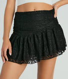 The Sweet Talking Lace Ruffle Mini Skirt is a trendy women's bottom in black, designed with modern details and alluring textures to complete chic outfits for 2025.