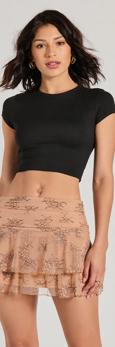 The Darling Dreamer High-Rise Lace Mini Skirt is a trendy women's bottom in tan, designed with modern details and alluring textures to complete chic outfits for 2025.